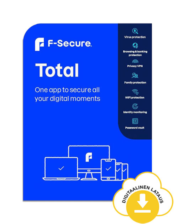 F-Secure Total 1 vuoden lisenssi 3 laitteelle tietoturvaohjelmisto