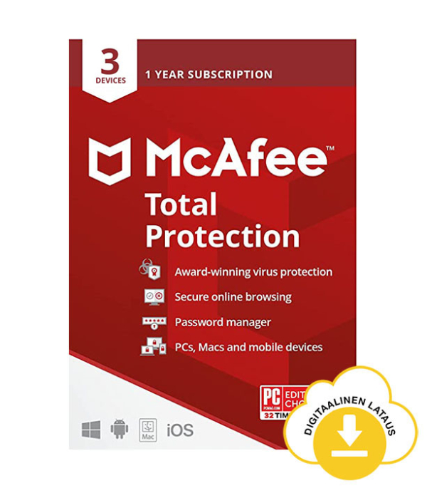McAfee Total Protection 3 laitteelle 1 vuosi virustorjunta lisenssi